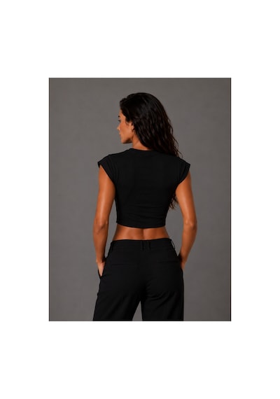 Parshey Kadın Crop Body Kısa Kollu Slim Fit Basic Crop Top Bisiklet Yaka Bluz Siyah