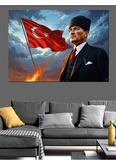 Türk Bayrağı Ve Atatürk Portresi Dekoratif Kanvas - Mdf Ahşap Tablo