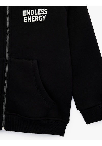 Koton Baskı Detaylı Pamuklu Cepli Üç İplik Şardonlu Kapşonlu Fermuarlı Sweatshirt Siyah 7wkb10228tk