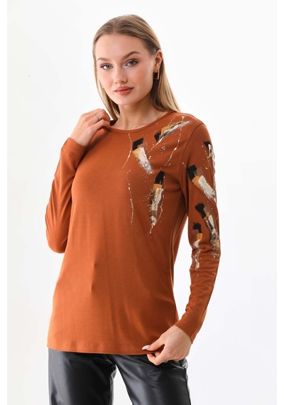 Sistas Kadın Desenli Bisiklet Yaka Uzun Kol Bluz 23598 Camel Sistas Kadın Desenli Bisiklet Yaka Uzun Kol Bluz 23598 Camel