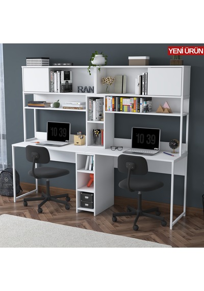 Rani Ha129 İki Kişilik Çok Raflı 2 Kapaklı Çalışma Ofis Bilgisayar Masası Beyaz