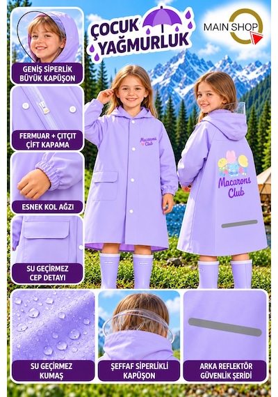Mainshop Şeffaf Siperlikli Çıtçıtlı Ve Fermuarlı Taşıma Çantalı 4 Renk Çocuk Yağmurluk Mor