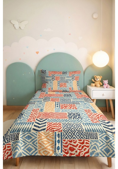 Mavi Geometrik Genç Odası Tek Kişilik Pike Takımı-bohem Kiremit Bej 160x220 Cm Kapitone Yatak Örtüsü Mat Toprak Aurası