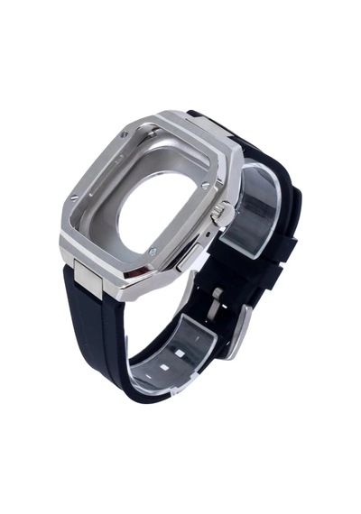Apple Watch 44mm Uyumlu Kr402 Metal Kasa Silikon Kordon - Gümüş