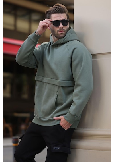 Madmext Haki Kapüşonlu Cep Detaylı Erkek Sweatshirt 7092 Haki
