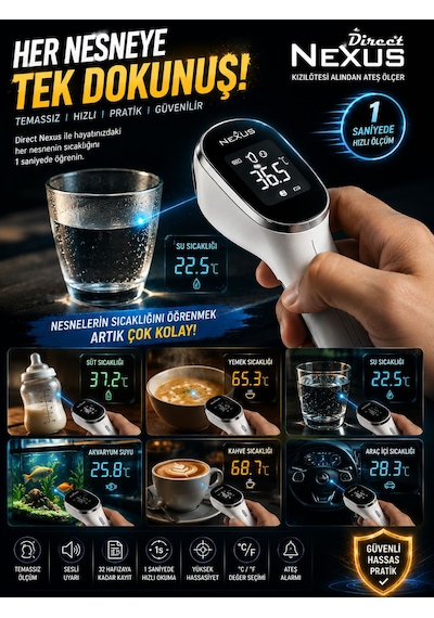 Temassız Kızılötesi Ateş Ölçer 1 Saniyede Hızlı Ölçüm Lcd Ekranlı Dijital Termometre