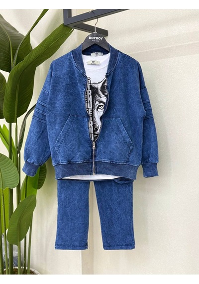 Kokoş Bebe Wolf Yıkamalı Penye Hırkalı 3 Lü Erkek Çocuk Takım - 4/12 Yaş - 31947 Mavi