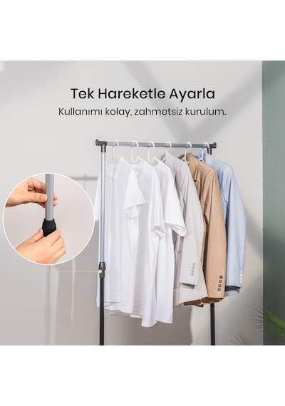 Vusıgn Tek Çubuklu Elbise Askısı Tekerlekli Metal Askılık 140x38x70 Cm Gümüş
