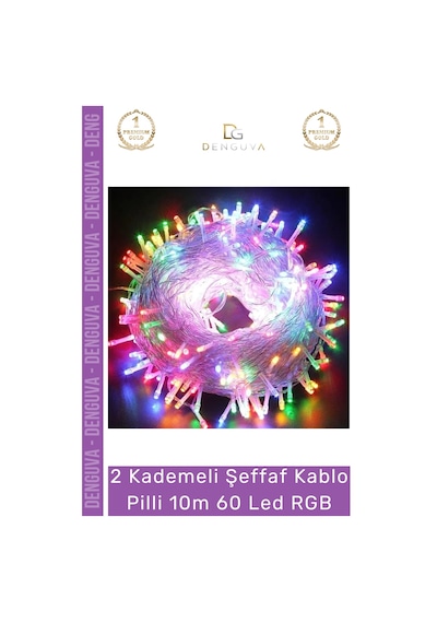 Ledışık Dekoratif Yılbaşı Aydınlatma Renkli Işık 2 Kademeli Şeffaf Kablo Pilli 10m 60 Led Rgb Çok Renkli