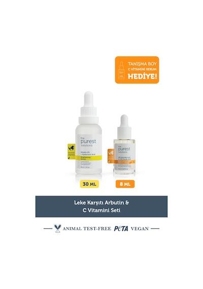 The Purest Solutions Leke Karşıtı Arbutin & C Vitamini Seti: 30 ml Leke Serumu + 8 ml Tanışma Boy C Vitamini