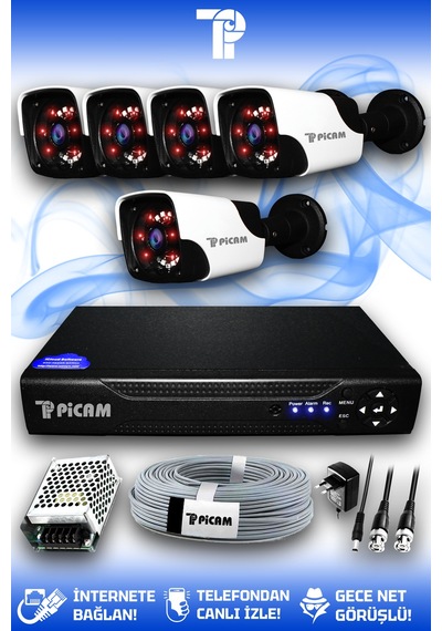 Picam 5 Kameralı Panda 5 Dış Kamera Set HDD'siz Full HD Gece Görüşlü Güvenlik Kamerası Sistemi