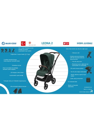Maxi-Cosi Leona2 Çift Yönlü Uzatılabilir Sırt Desteği Tam Yatabilir Seyahat Sistem Olabilen Bebek Arabası Twillic Green