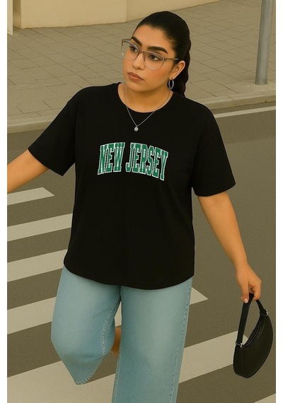 Büyük Beden New Jersey Baskılı Unisex Tişört SIYAH