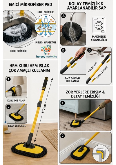 Ev Temizliği Duvar Yer Mopu Uzayıp Kısalabilen Makarna Bez Havlu Mop Ultra Yumuşak Premium Kalite Yer Silme Mopu Yer Temizlik Fırçası