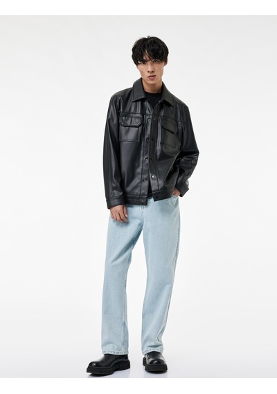 Koton Gömlek Yaka Kapaklı Cepli Uzun Kollu Slim Fit Suni Deri Ceket Siyah 6sam20023hw