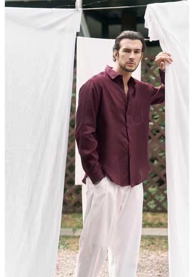 Mai Collection Mai Studios Co. Ombretta Bordo Keten Oversize Erkek Gömlek Bordo