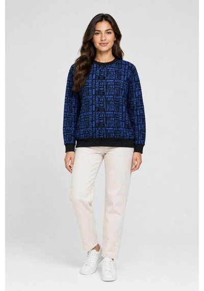 Kadın Siyah Mavi Yazı Desenli İki İplik Şardonlu Sweatshirt Lacivert