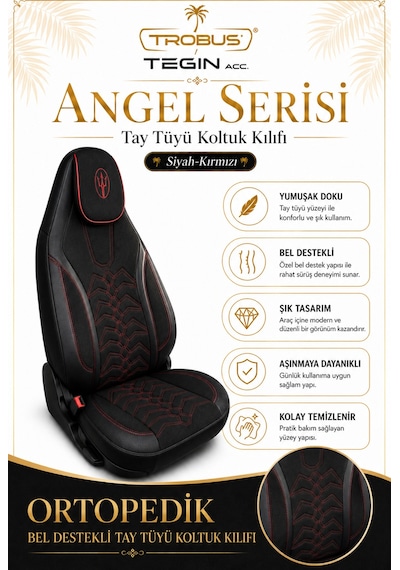 Seat Leon 2005 Ve Sonrası Uyumlu Angel Serisi Tay Tüyü Koltuk Kılıfı Siyah Kırmızı