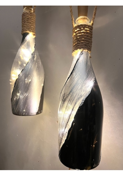 El Figürlü Duvar Lambası Pilli Led Işıklı Dekoratif Şişe Aydınlatma Rustik & Vintage El Yapımı D Gümüş - Siyah