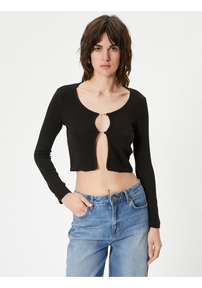 Koton Crop Hırka Bisiklet Yaka Metal Aksesuarlı Siyah 4sak80266ek Siyah