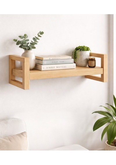 Doğal Masif Ahşap Kitaplık Ve Dekoratif Duvar Rafı - 30x8x11 Cm Modern Tasarım Bej