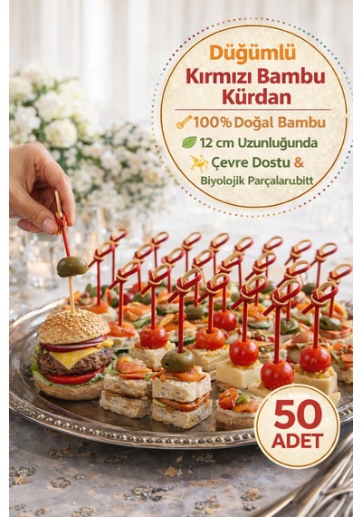 50 Li Paket I 12 Cm Düğümlü Kırmızı Bambu Kürdan Kokteyl Kürdan Sunum Çubuğu Aperatif Kürdan