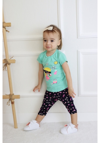 Harika Kids Kız Bebek Kaprili Kısa Kollu Kız Desen Baskılı Yazlık Basic Alt-üst Takım 6-24 Ay 001