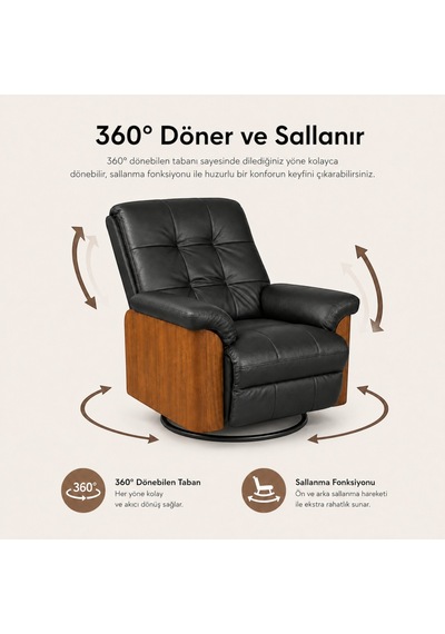 Smarto Relax Miami Elektrikli Masajlı Döner Sallanan Tv Koltuğu Kontrol Panelli Ahşap Yan Panelli Gerçek Deri Baba Koltuğu Siyah