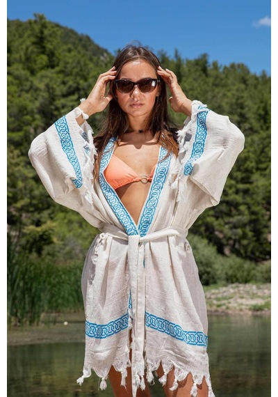 Dokubba Plaj Kimono - Ağaç Baskılı - Keten Dokuma Krem -mavi Krem -mavi