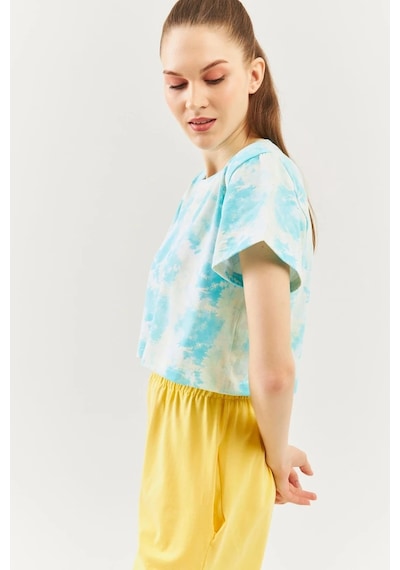 Kadın Oversize Rahat %100 Pamuklu Penye Bisiklet Yaka Kısa Kol Basic Crop T-shirt Batik Doğa