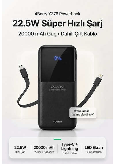 Ym832 20000mah 22.5w Süper Hızlı Şarj Type-c Ve Lightning Kablolu Powerbank Siyah