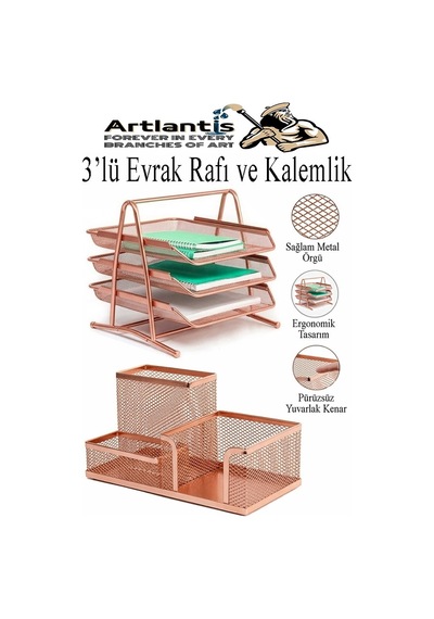 Bakır Yaldız Metal Evrak Rafı 3 Lü Ve Masaüstü Kalemlik 1 Paket Masaüstü A4 Dosya 3 Katlı Düzenleyici Kağıt Tepsi Metal Bakır