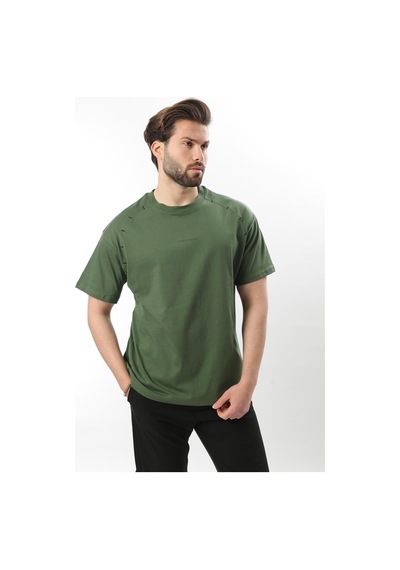 Madmext Haki Baskılı Nakış Detaylı Erkek T-shirt E7108 Haki