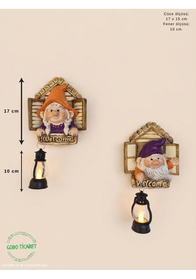 Dekoratif Fenerli Welcome Cüce Çifti 2li Set Dekoratif Kapı Ve Duvar Süsü Renk Seçenekli 17x15 Cm. Kırmızı Mor
