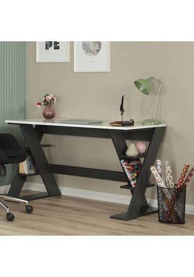 Pasific Home Lungo Raflı Çalışma Masası, Ofis Masası, 60X140 Cm, Antrasit&Beyaz Antrasit  -  Beyaz