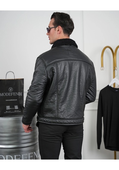 Modefendi Orta Slim Fit İçi Elyaf Yaka Kürk Detaylı İthal Deri Yan Cep Deri Mont Siyah