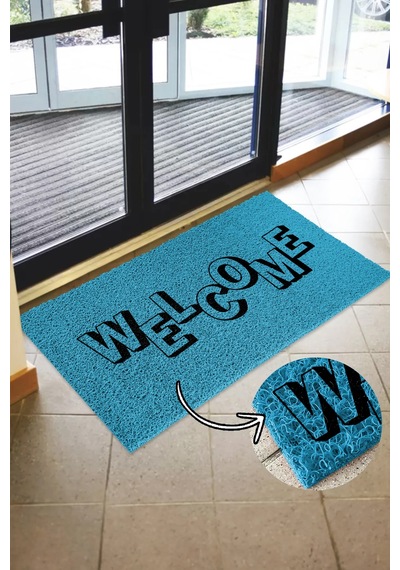 Welcome Paspas - Kıvırcık Paspas - İç Ve Dış Mekan Paspası - Kapı Önü Paspası Turkuaz