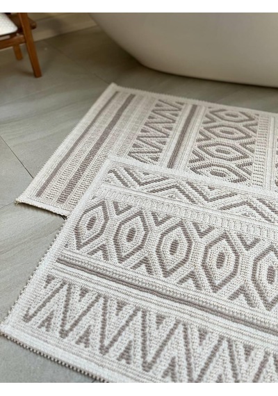Hat Doğal Pamuklu 2'li Banyo Paspas & Halı Seti 60x100+50x60 Cm - Taş Taş