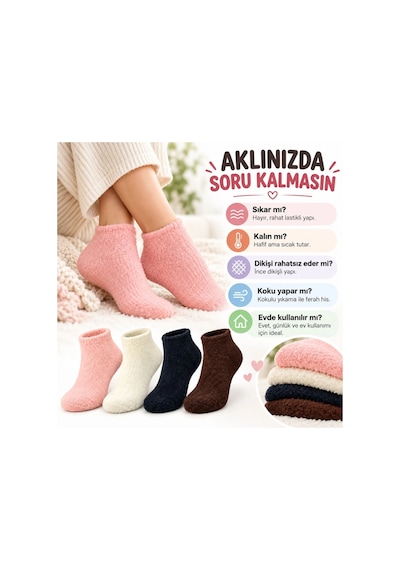 Womanandkids Wak Kadın Yumoş Patik Çorap 4'lü Set Peluş Sıcak Tutan Kışlık Ev Çorabı Yumuşak Rahat 4 Renk Hediye Seti Çok  Renkli