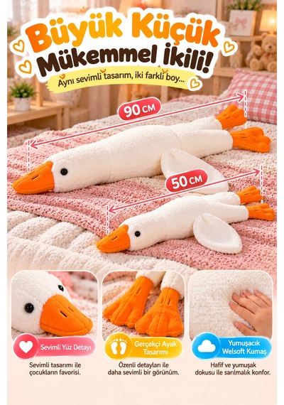 Beyaz Peluş Ördek 2'li Set 50 Cm Ve 90 Cm Yumuşak Welsoft Kumaş Sarılmalık Oyuncak Çocuk Odası Dekor