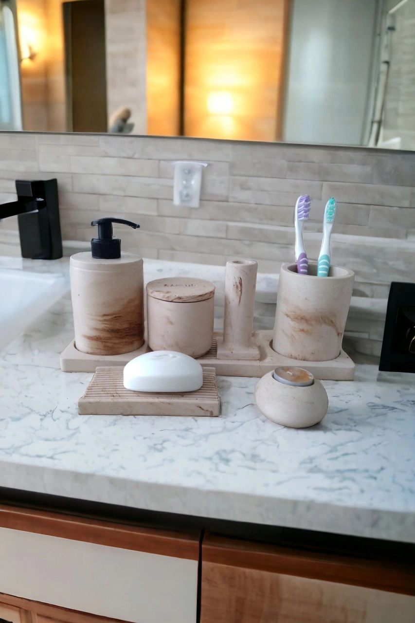 Mermer Desen Bej Banyo Seti , Sıvı Sabunluk Diş Fırçalığı Beton Aksesuar Takım Bej