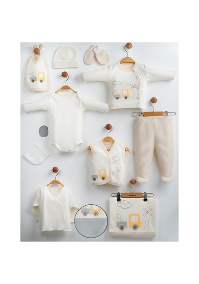 Milays Erkek Bebek 0-3 Ay Gaye Organik Pamuk Kamyon Nakışlı 10 Lu Premium Set Krem