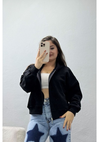 Belendir Kadın 3 İplik Kompakt Oversize Fleto Cepli Sweat Siyah 1siyah