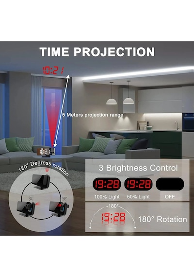 Projeksiyonlu Dijital Masa Saati Led Alarm Fm Radyo Sıcaklık Duvara Tavana Yansıtan Saat Siyah