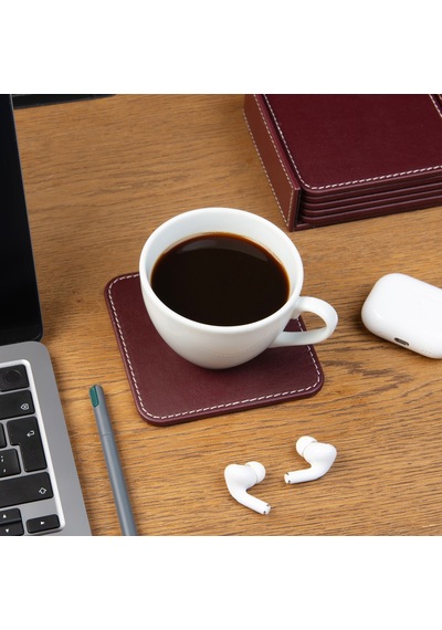 Bardak Altlığı,6 Lı Set,masaüstü Kare Cup Coaster,vegan Suni Deri,11x11 Cm.,bordo