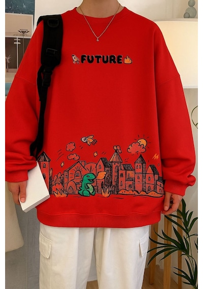 Benroma 3 İplik Penye Future Baskılı Unisex Sweatshırt Kırmızı