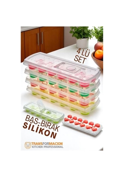 Zenvac Buz Kalıbı - Bas-bırak Kapaklı Silikon Buz Kalıbı 4 Lü Set 721815 Zenvac29 Renkli