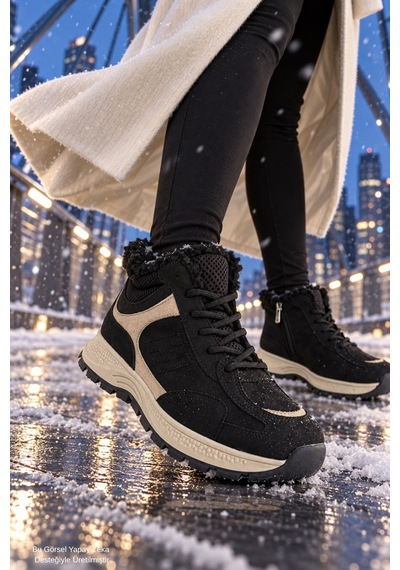 Muggo Nortex Kürklü Fermuarlı Kalın Taban Bağcıklı Kışlık Kadın Sneaker Bot Siyah