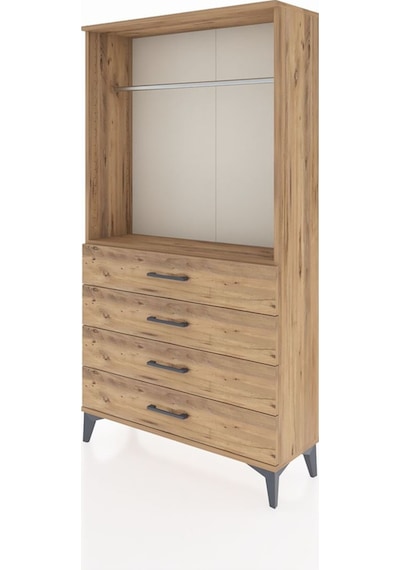 Arges Dolap Tek Raflı 4 Çekmeceli Tek Askılı 88x30x163 Çam-çam Çam