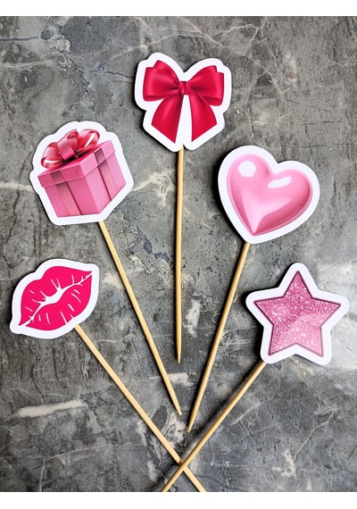 15 Adet Pembe Kalp Yıldız Pasta Kürdanı 5cm Cupcake Pasta Süsü